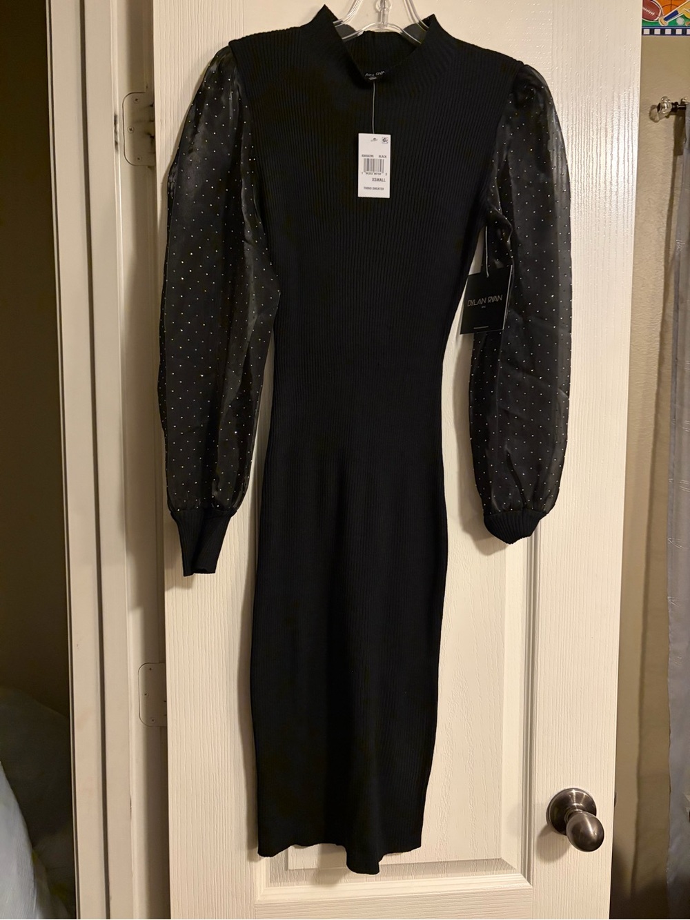 NWT Dylan Ryan NYC Black Sweater Dress Rhinestone Puff Sleeves XS